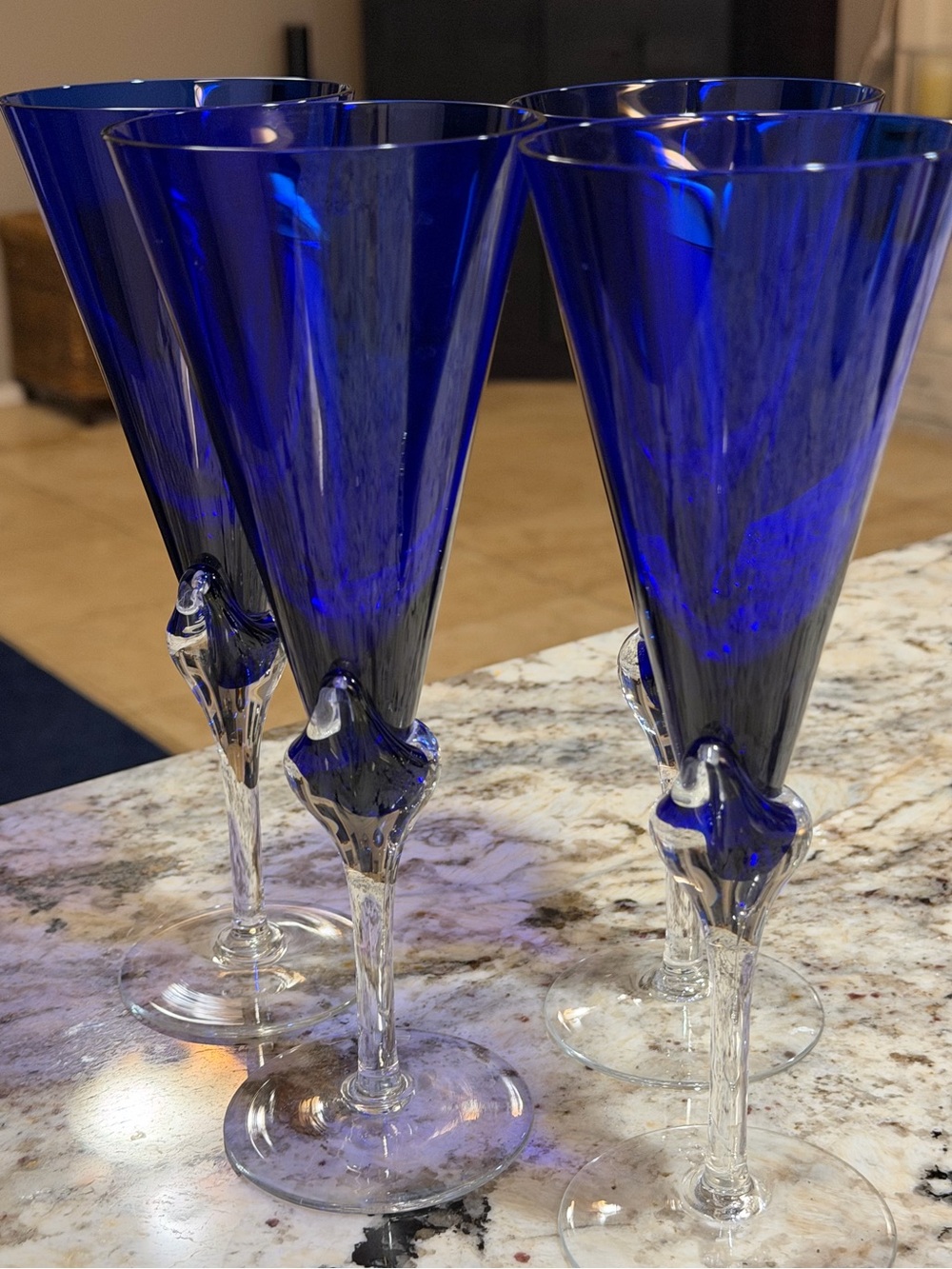 Vintage Cobalt Blue Art Glass Goblets Set of 4, 9.5” Tall Hand Blown Stemware